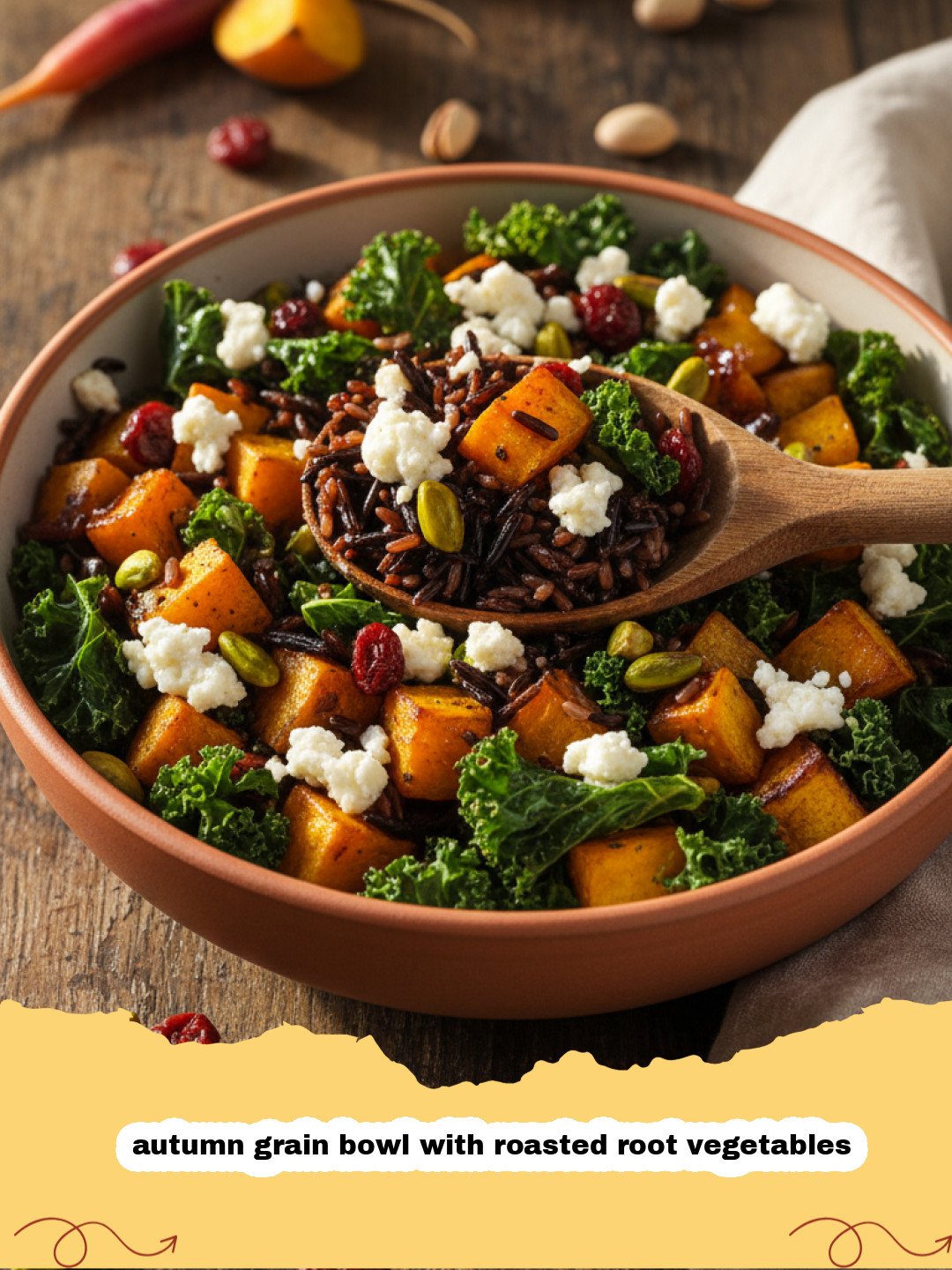 A vibrant autumn grain bowl with roasted root vegetables, topped with seeds and dressing