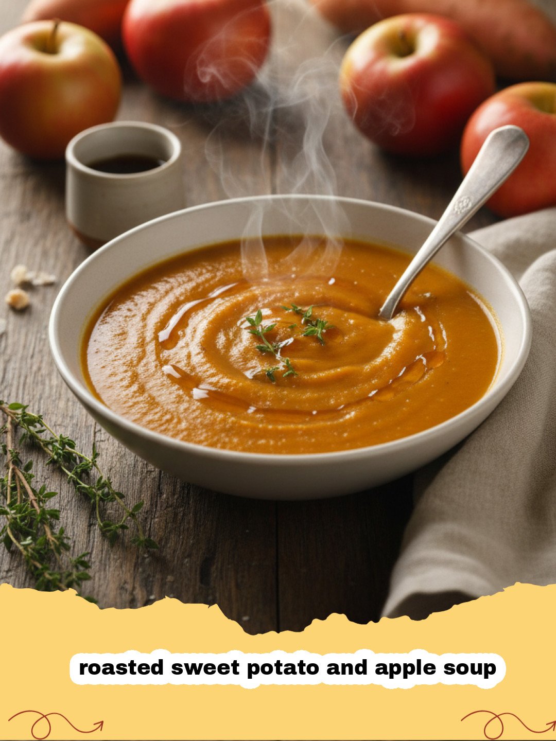 A creamy bowl of roasted sweet potato and apple soup garnished with seeds and herbs
