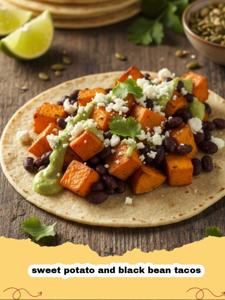 Two sweet potato and black bean tacos topped with avocado and cilantro on a wooden board.