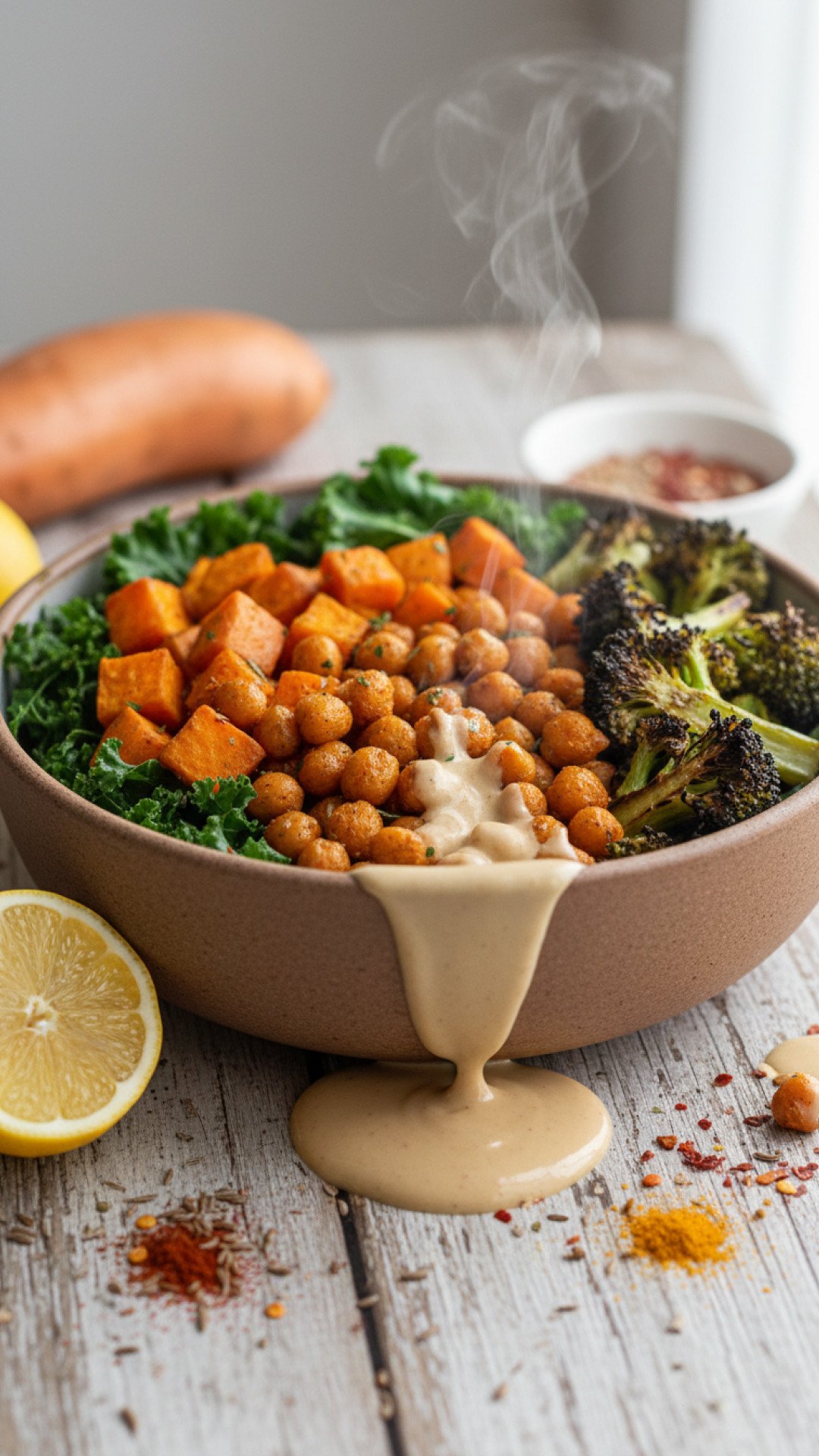 Roasted Sweet Potato and Chickpea Buddha Bowl Preparation