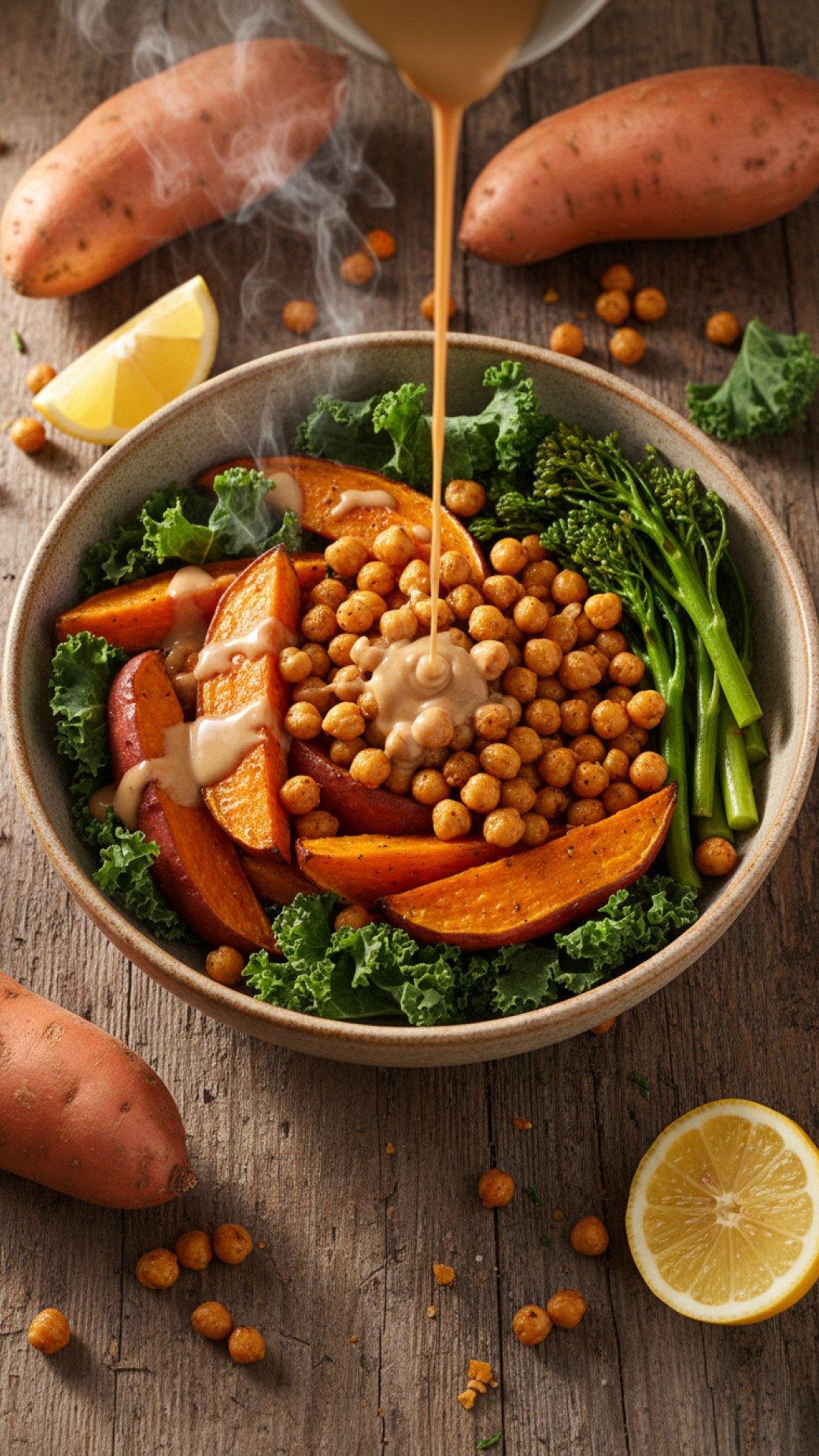 Roasted Sweet Potato and Chickpea Buddha Bowl Preparation