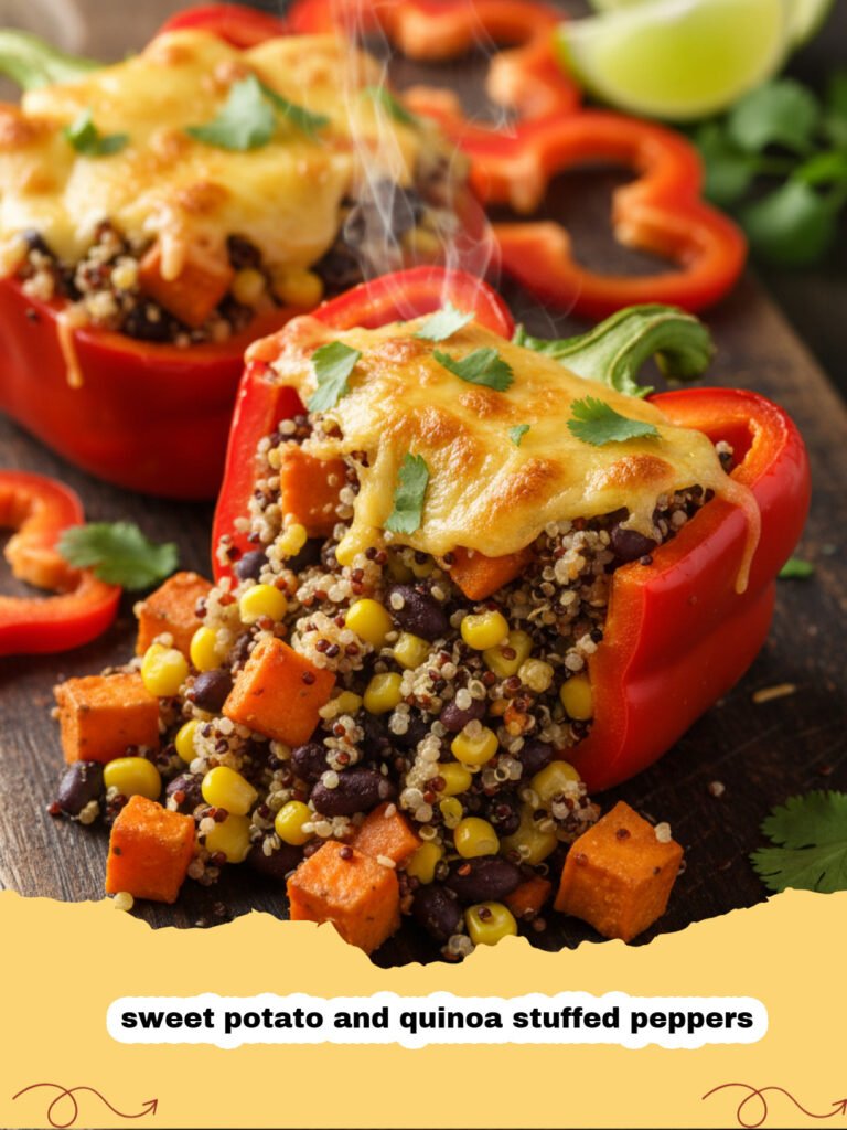 sweet potato and quinoa stuffed peppers - A tray of four vibrant stuffed bell peppers filled with orange sweet potato and white quinoa mixture.