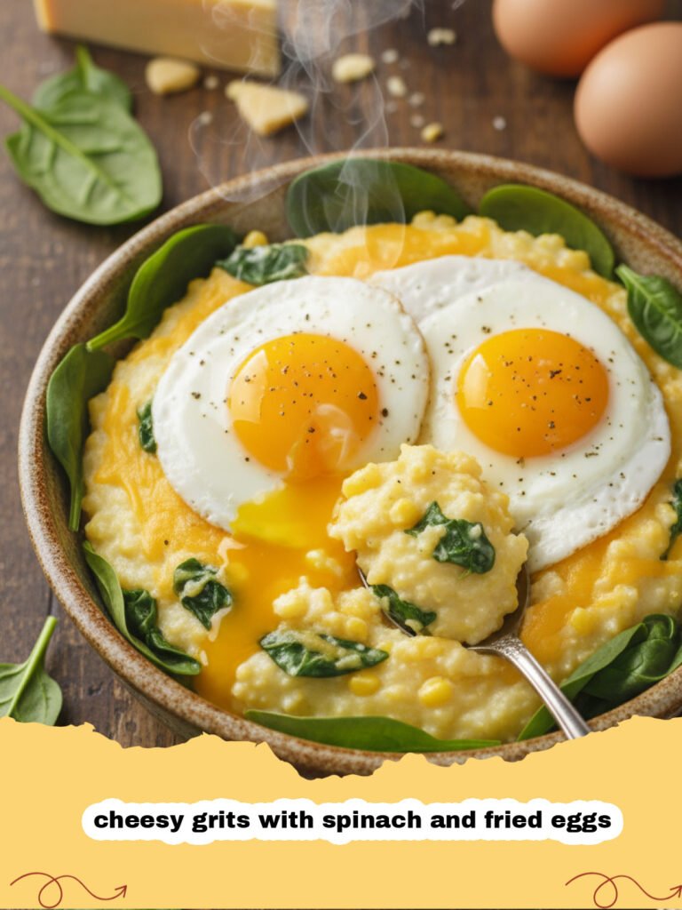 cheesy grits with spinach and fried eggs - A bowl of creamy cheesy grits topped with green sautéed spinach and a fried egg with a runny yolk.