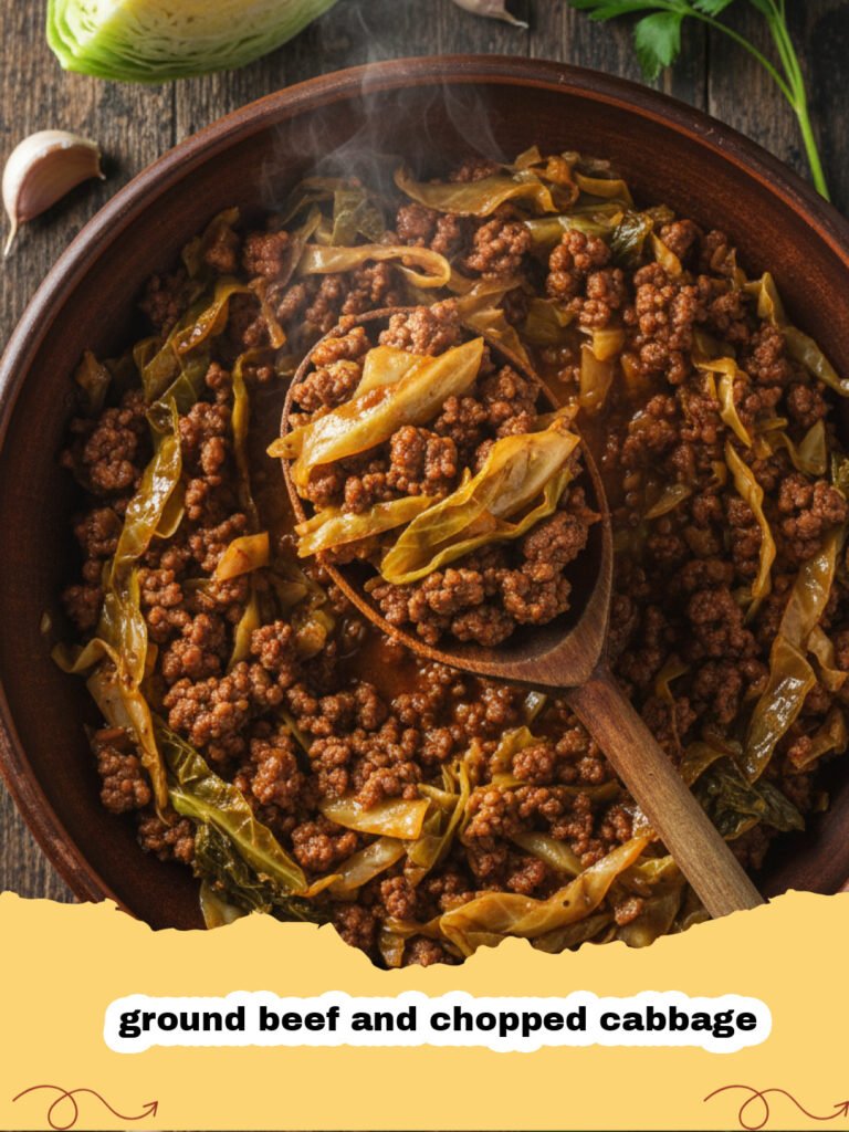 A steaming skillet of ground beef and chopped cabbage seasoned with spices and garnished with green onions.