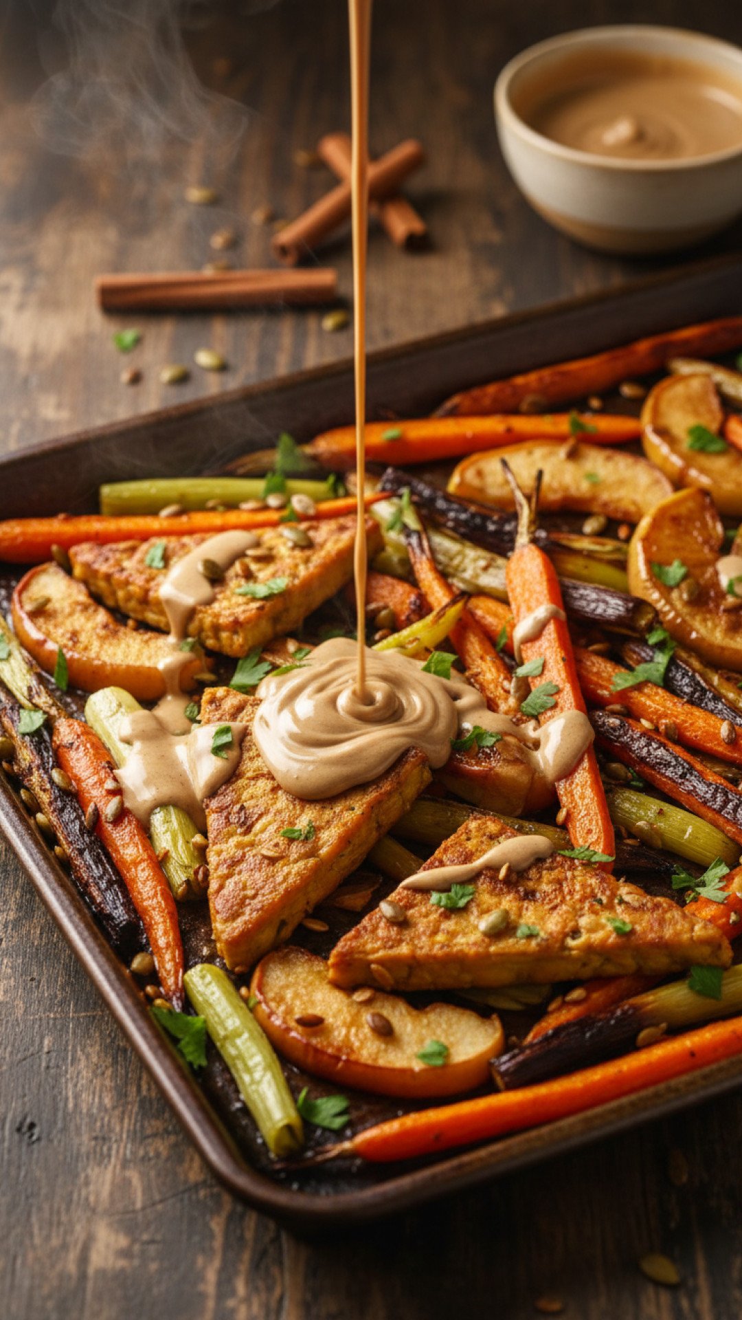 Sheet Pan Tempeh and Vegetables with Cinnamon Tahini Sauce Preparation