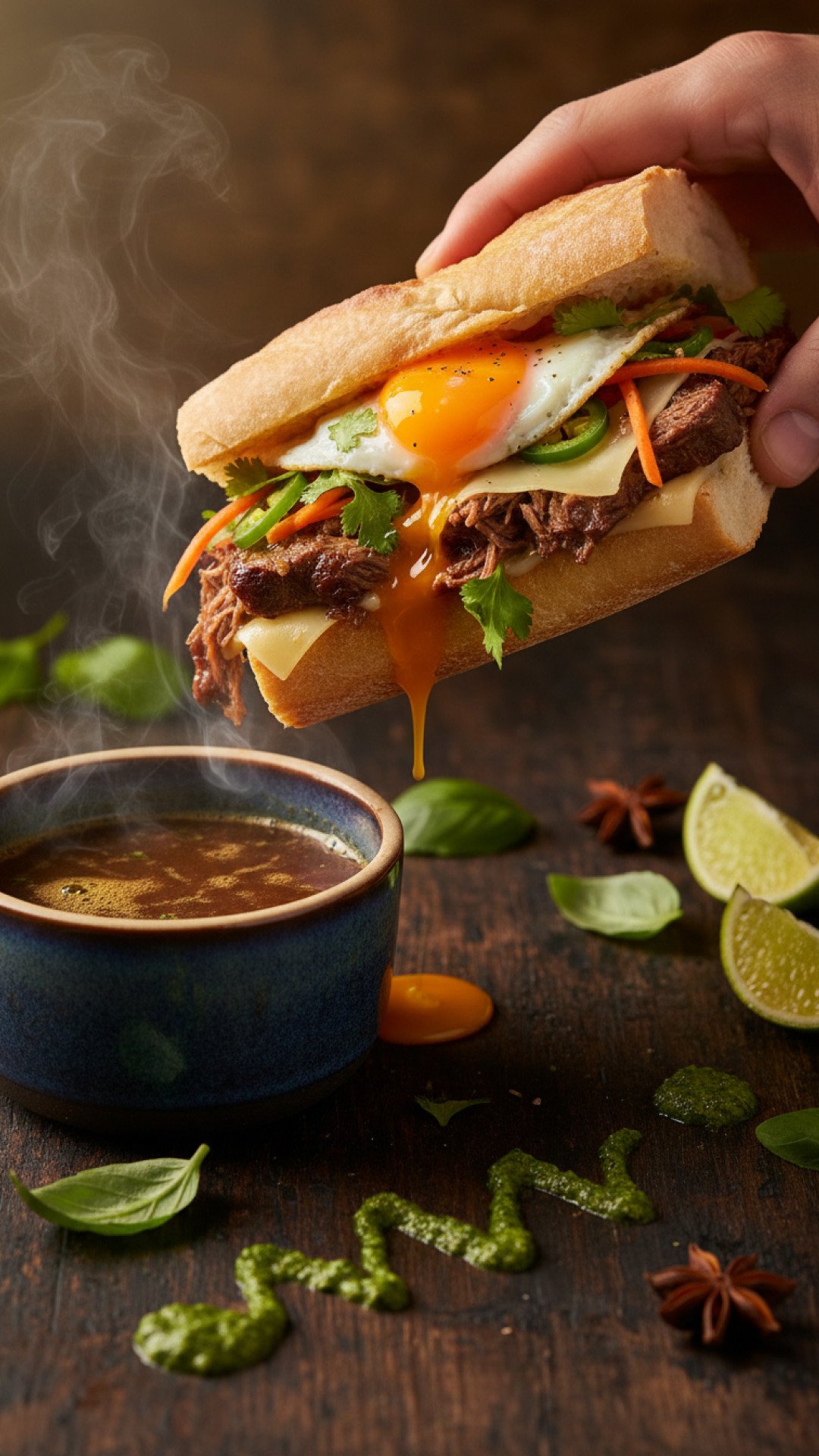 Short Rib Pho French Dip Banh Mi with Thai Basil Chimichurri Preparation