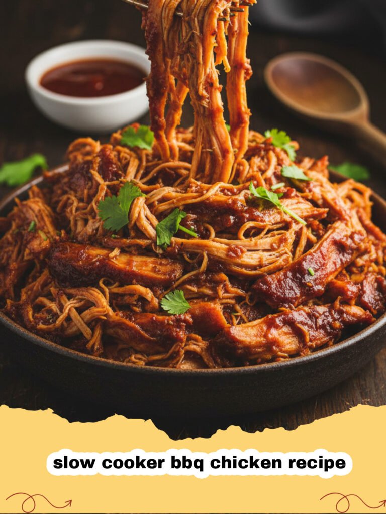 slow cooker bbq chicken recipe - Shredded BBQ chicken in a slow cooker topped with red onions