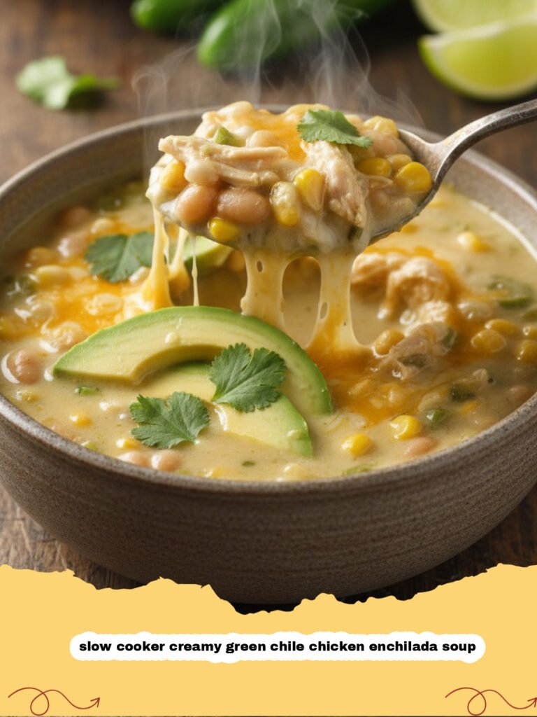 A bowl of slow cooker creamy green chile chicken enchilada soup garnished with cilantro and lime.