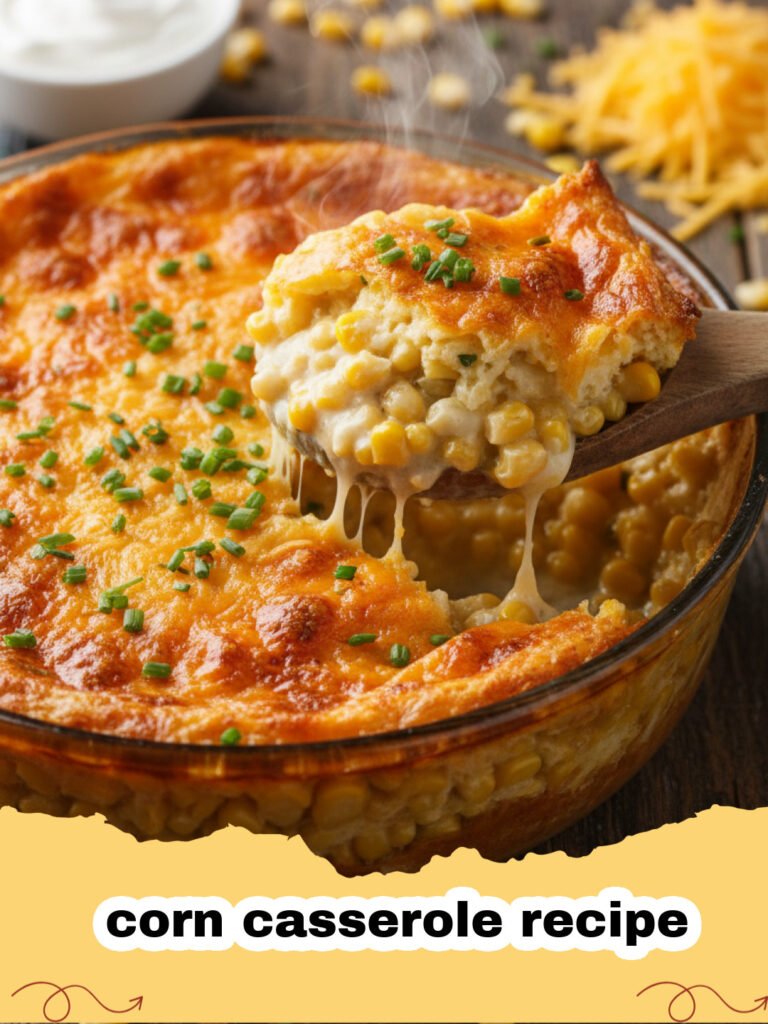 corn casserole recipe - Golden brown corn casserole in a glass baking dish, ready to serve.