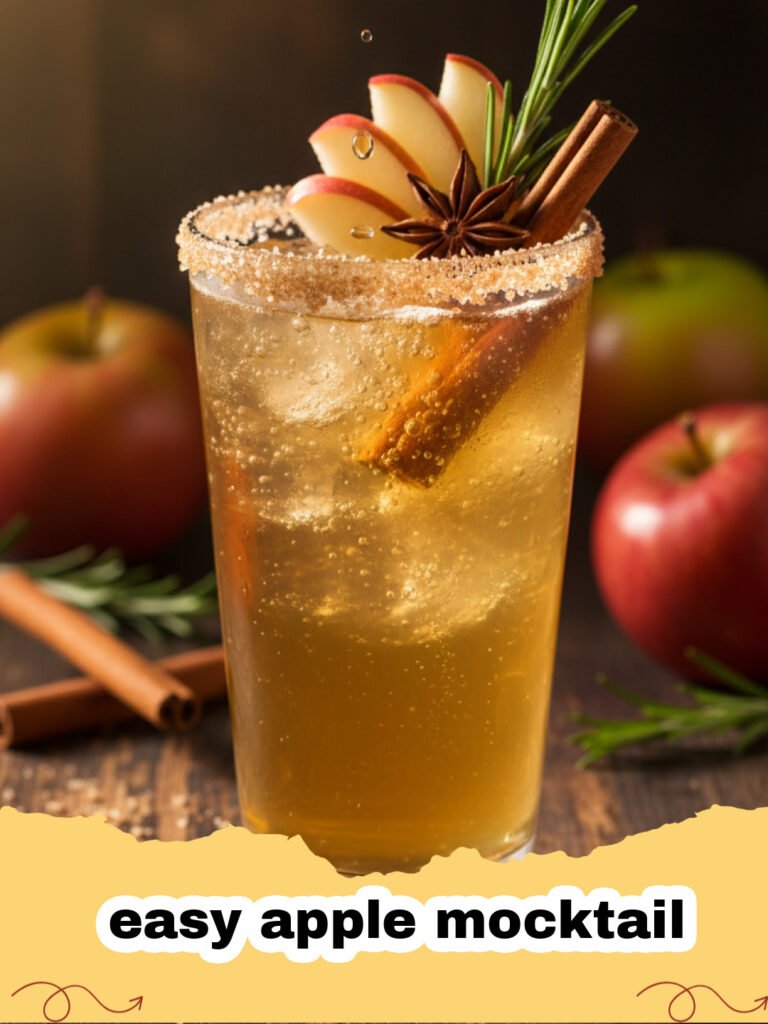 A sparkling easy apple mocktail in a cinnamon-rimmed glass garnished with apple slices and a cinnamon stick.