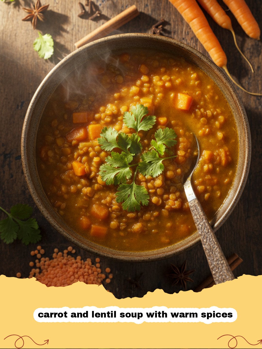 A bowl of vibrant orange carrot and lentil soup with warm spices garnished with cilantro.