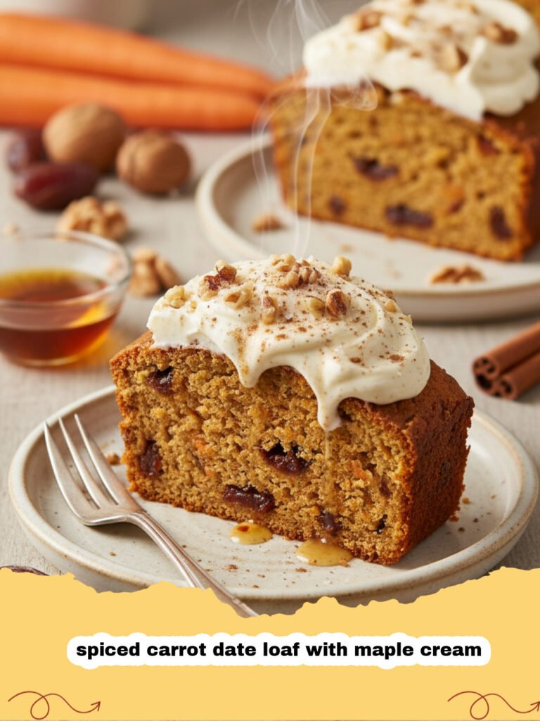 A thick slice of spiced carrot date loaf with maple cream on a white plate.