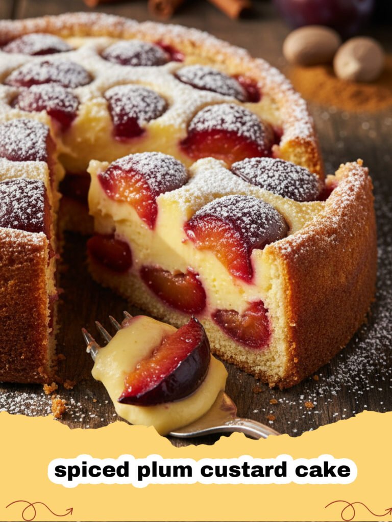 A golden-brown spiced plum custard cake topped with sliced plums and dusted with powdered sugar.