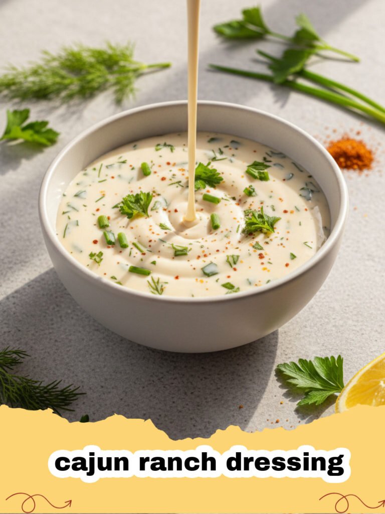 A glass jar filled with creamy cajun ranch dressing surrounded by fresh vegetables and Cajun spices.