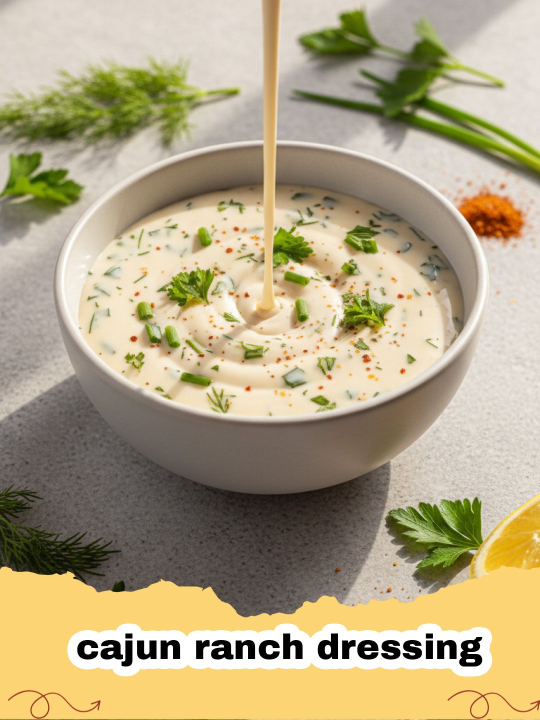 A glass jar filled with creamy cajun ranch dressing surrounded by fresh vegetables and Cajun spices.