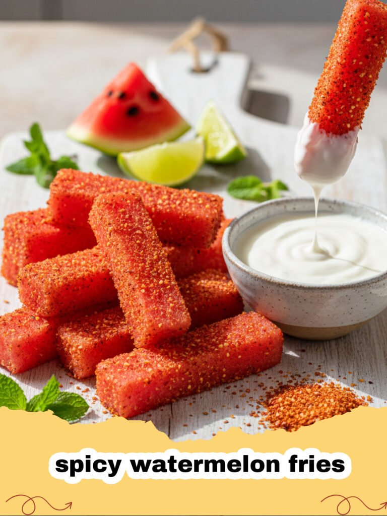 A platter of spicy watermelon fries seasoned with chili and lime.