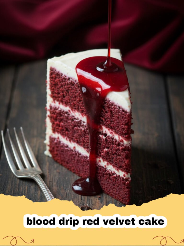 A dramatic blood drip red velvet cake with white frosting and red ganache