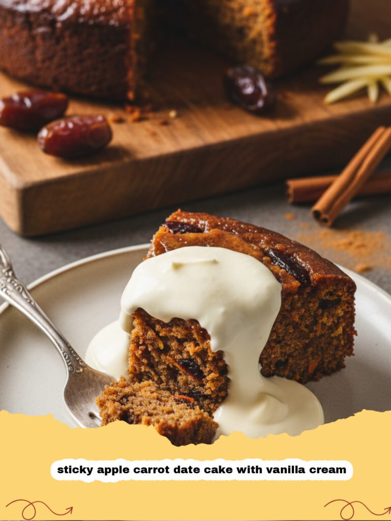 A beautiful slice of sticky apple carrot date cake with vanilla cream on a ceramic plate.