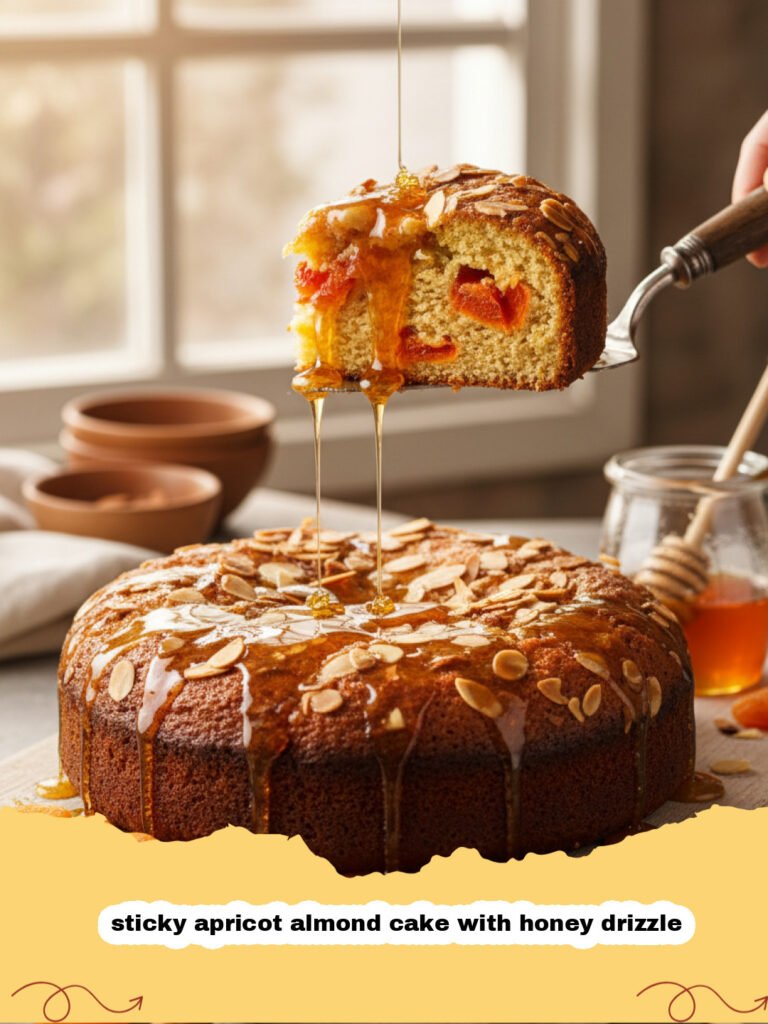 A close-up shot of a golden sticky apricot almond cake with honey drizzle glistening under a glaze.