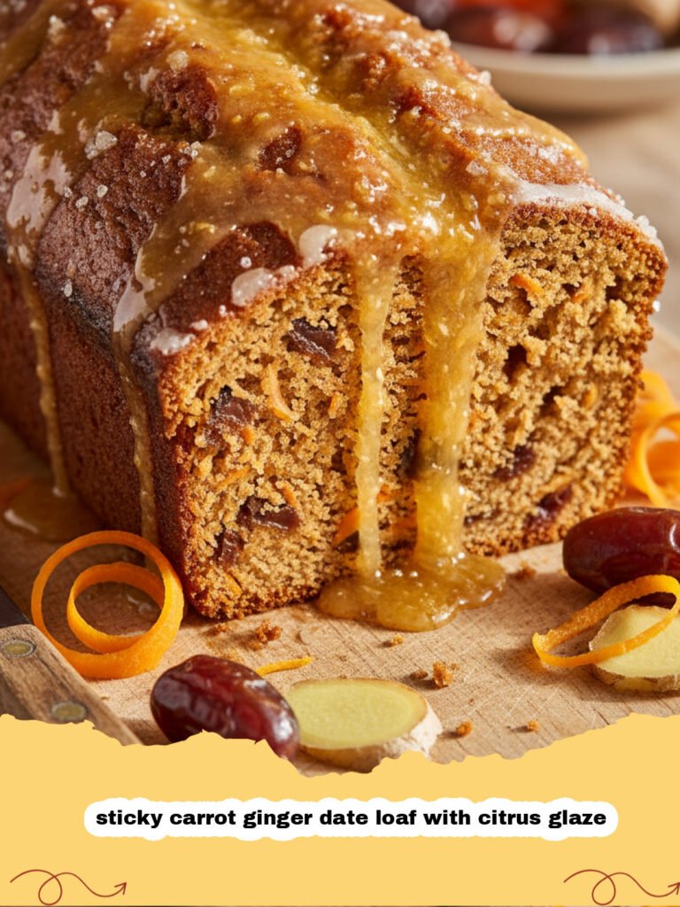 sticky carrot ginger date loaf with citrus glaze - A close-up shot of a sliced sticky carrot ginger date loaf with a glistening citrus glaze on a rustic wooden board.