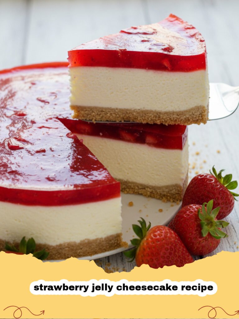 strawberry jelly cheesecake recipe - A beautiful slice of strawberry jelly cheesecake showing clear layers of biscuit, cream, and red jelly.