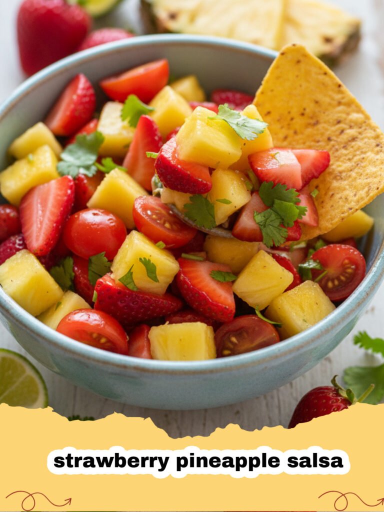 A close up shot of vibrant strawberry pineapple salsa in a glass bowl with tortilla chips.