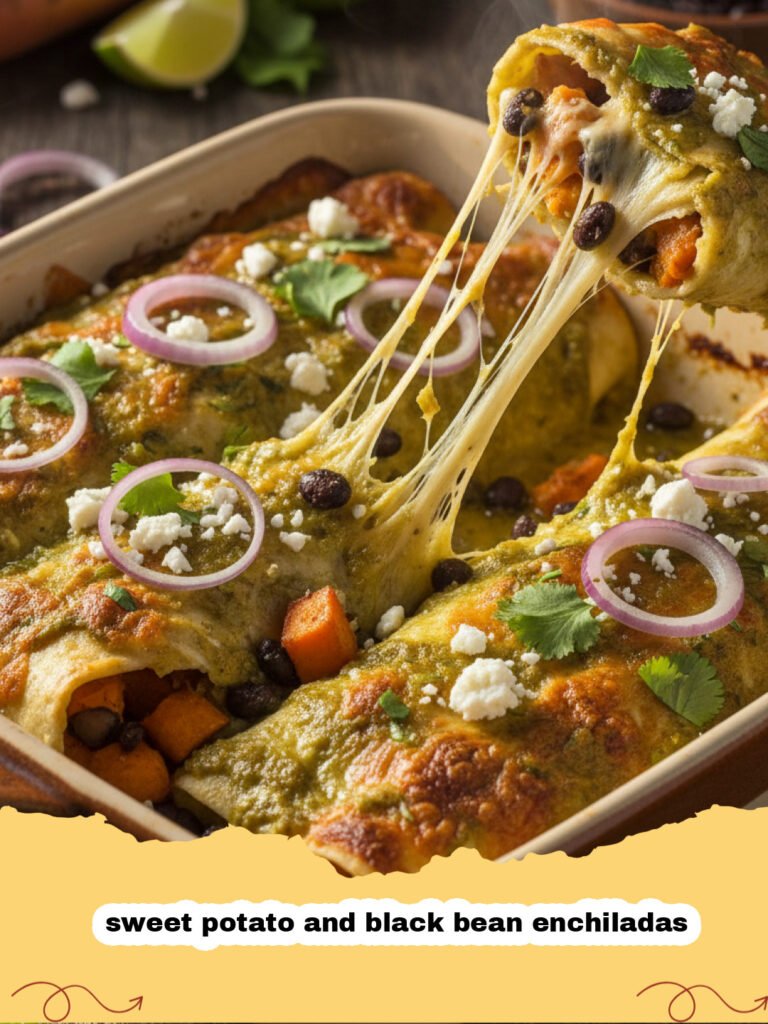 A dish of bubbling sweet potato and black bean enchiladas topped with cheese and fresh cilantro.