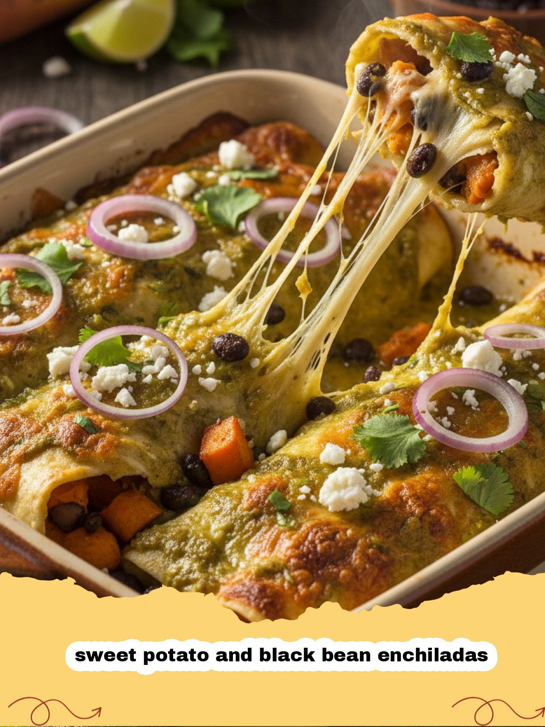 A dish of bubbling sweet potato and black bean enchiladas topped with cheese and fresh cilantro.