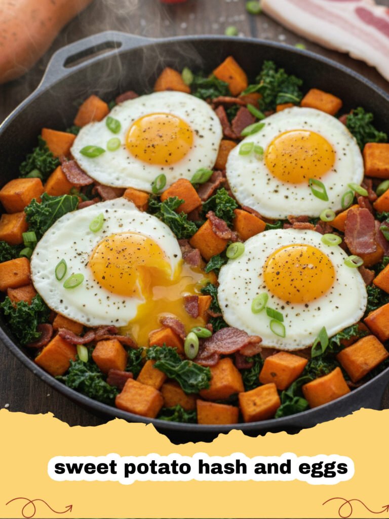 A cast iron skillet filled with colorful sweet potato hash and eggs topped with fresh herbs.
