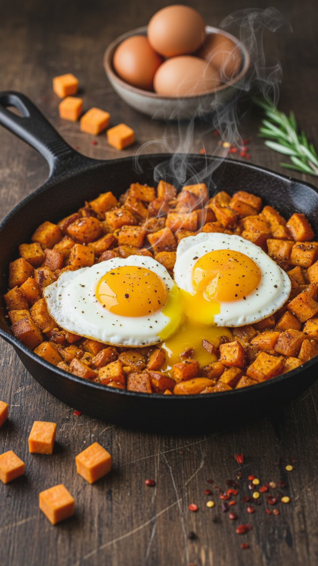 Sweet Potato Hash with Fried Eggs Preparation