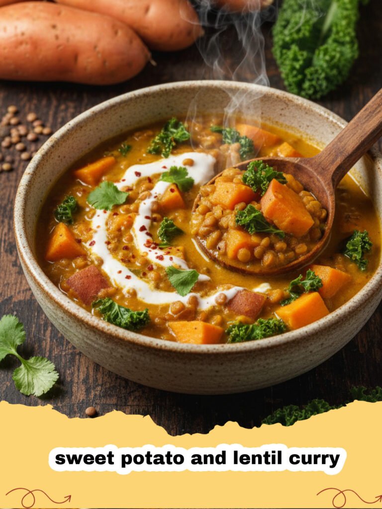 A steaming bowl of creamy sweet potato and lentil curry garnished with cilantro and served with a side of rice.