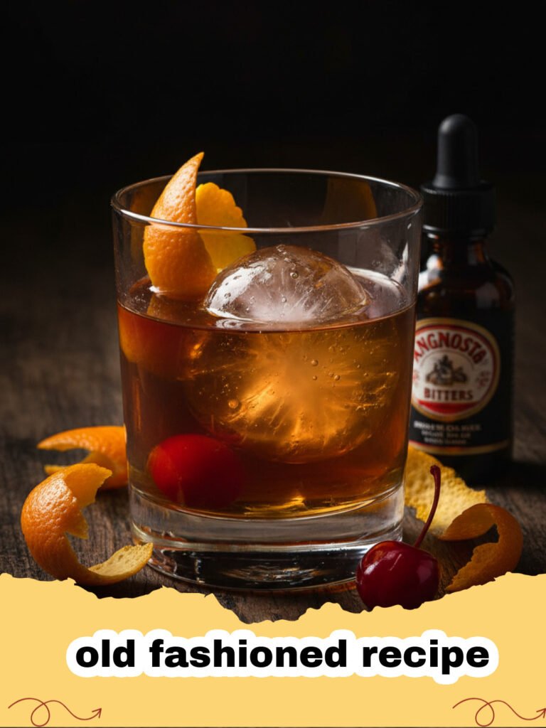 old fashioned recipe - A classic old fashioned cocktail in a rocks glass with a large ice cube and orange peel.
