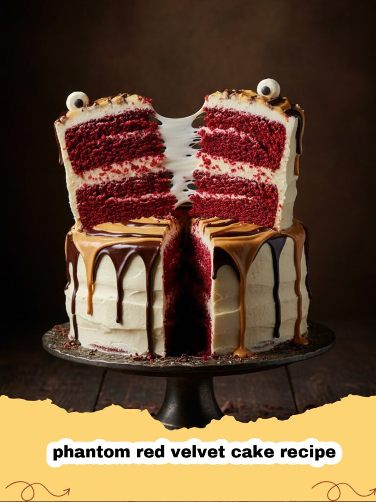 phantom red velvet cake recipe - A stunning Phantom Red Velvet Cake with deep red layers and thick white cream cheese frosting.