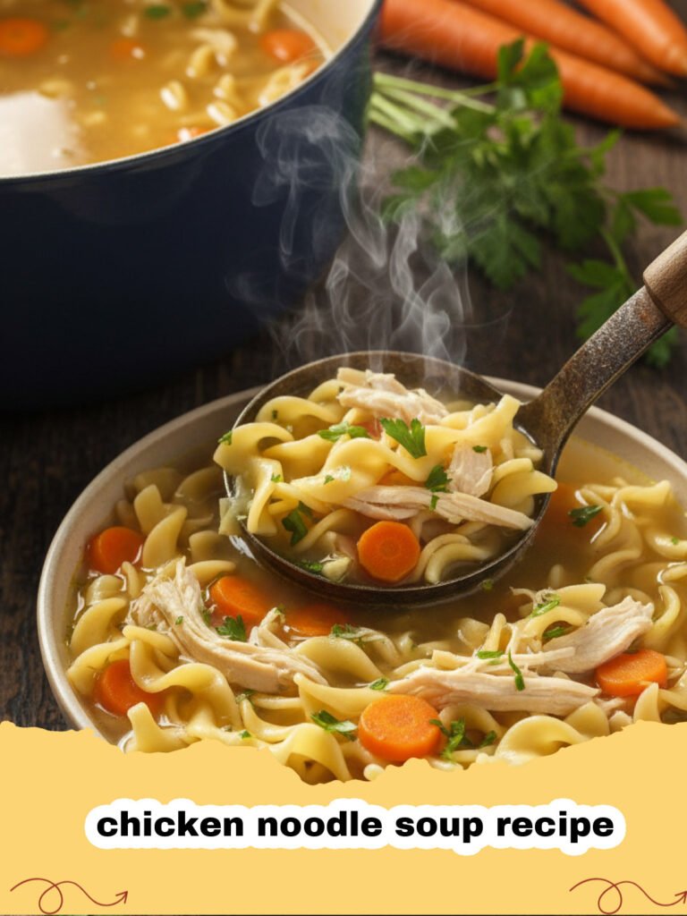 chicken noodle soup recipe - A steaming bowl of homemade chicken noodle soup with fresh herbs