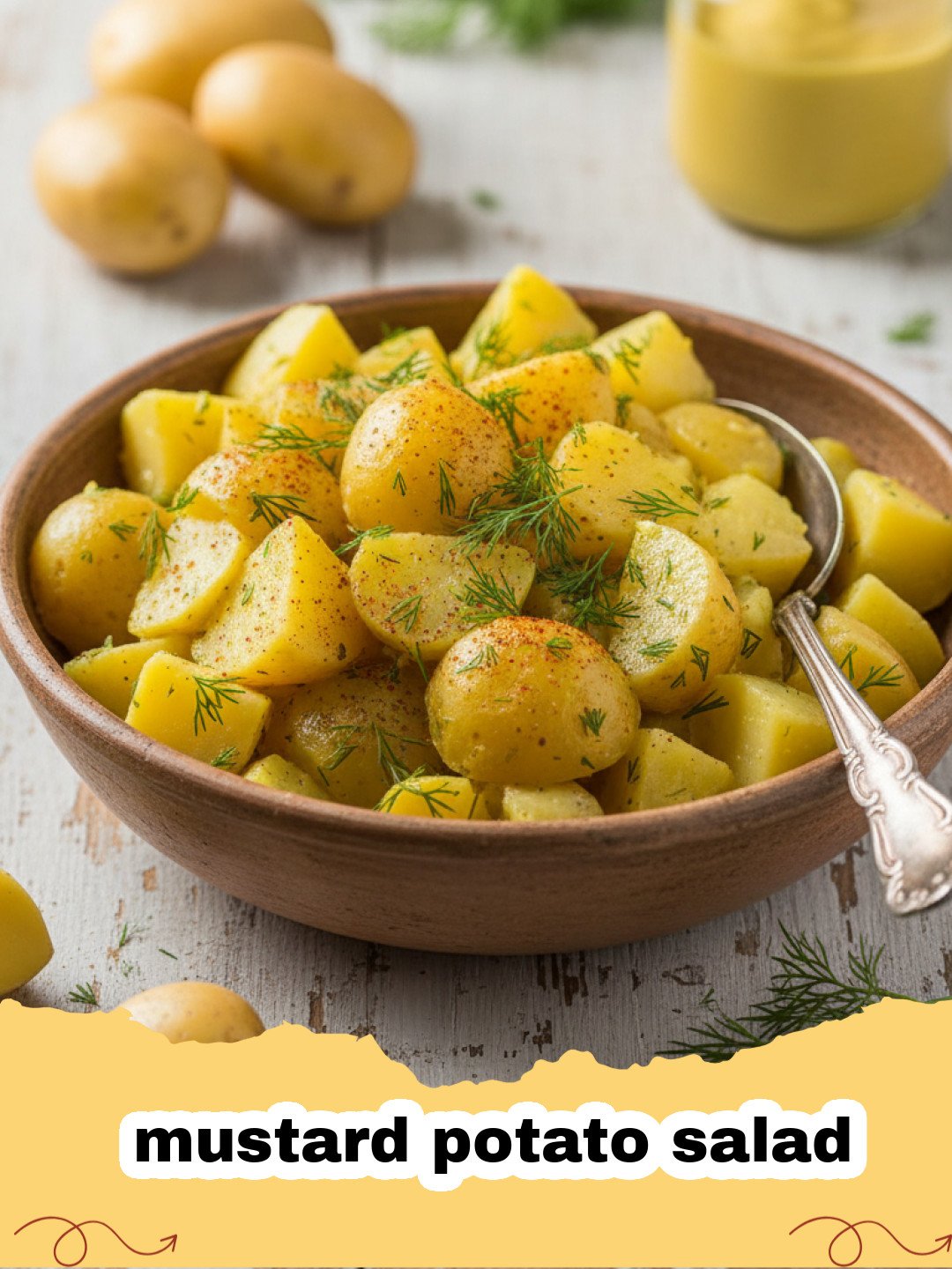 A large glass bowl of creamy mustard potato salad garnished with fresh chives on a wooden table.