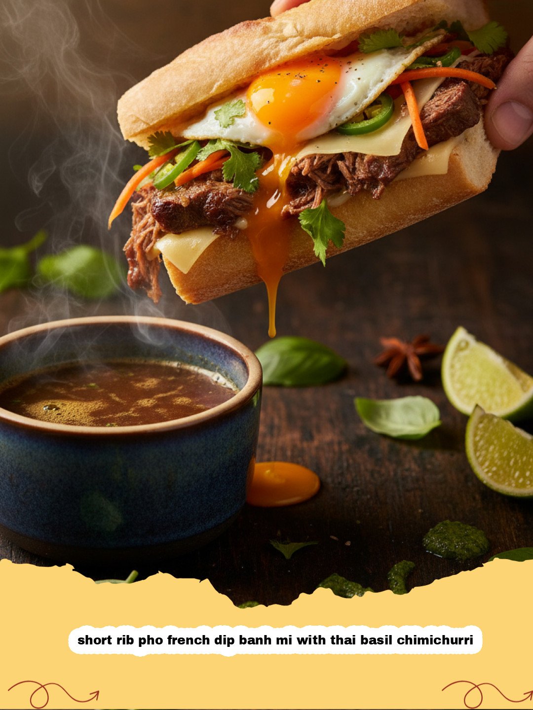 Short Rib Pho French Dip Banh Mi with Thai Basil Chimichurri