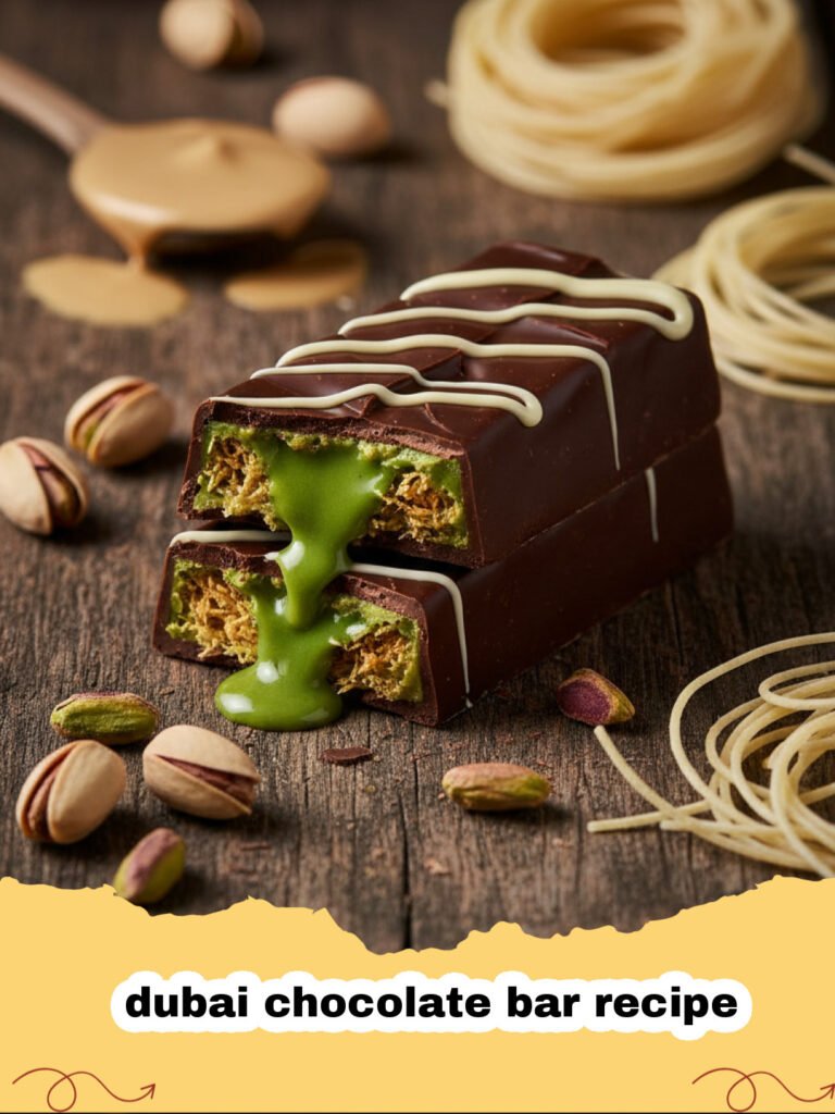 dubai chocolate bar recipe - A cross-section of a thick Dubai chocolate bar showing the crunchy green pistachio filling.