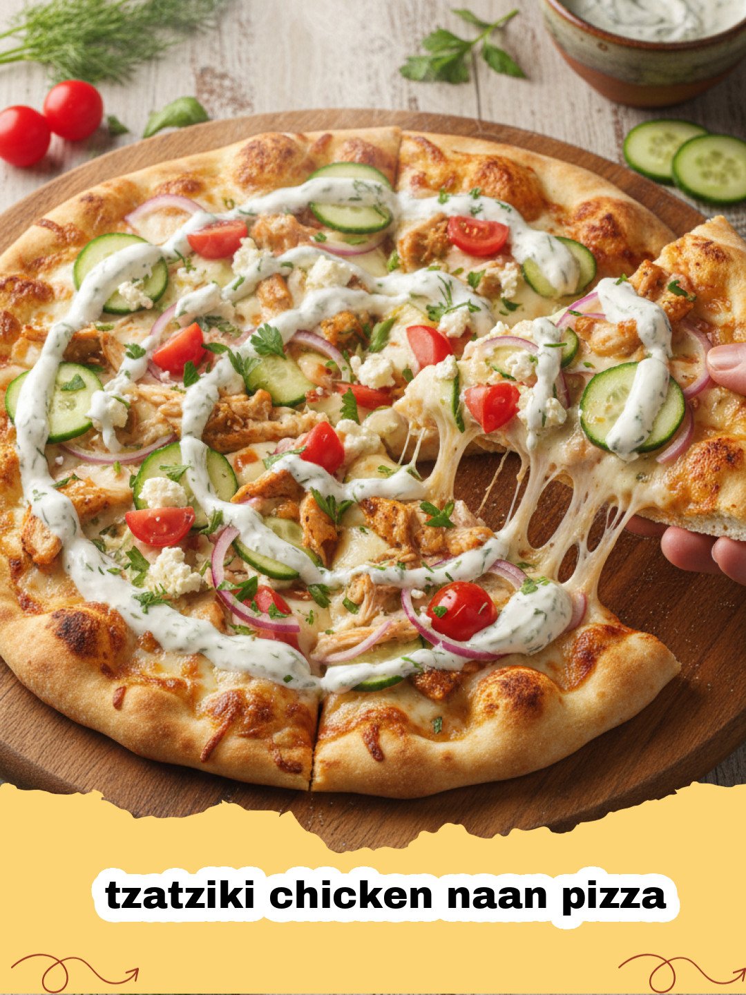 Close-up of a tzatziki chicken naan pizza with fresh vegetables and creamy sauce