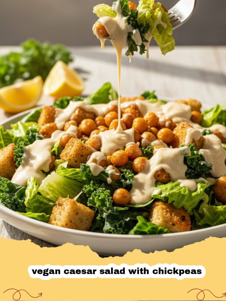 A large bowl of vegan caesar salad with chickpeas and creamy dressing