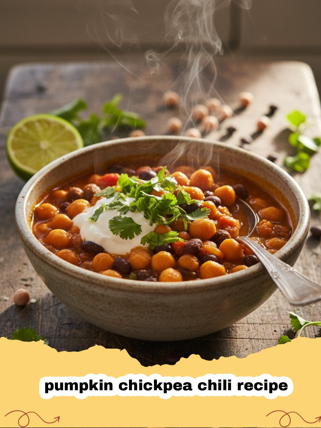 pumpkin chickpea chili recipe - A bowl of pumpkin chickpea chili garnished with cilantro