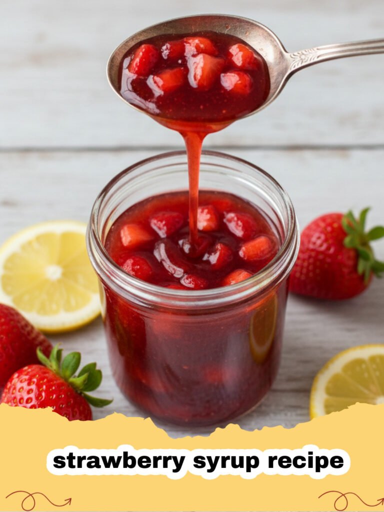 strawberry syrup recipe - A glass bottle filled with bright red strawberry syrup next to fresh berries.