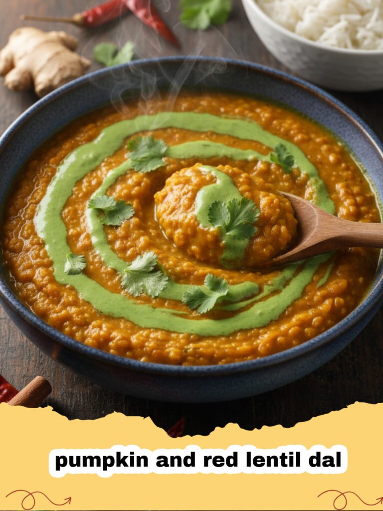 A steaming bowl of pumpkin and red lentil dal garnished with cilantro and lime