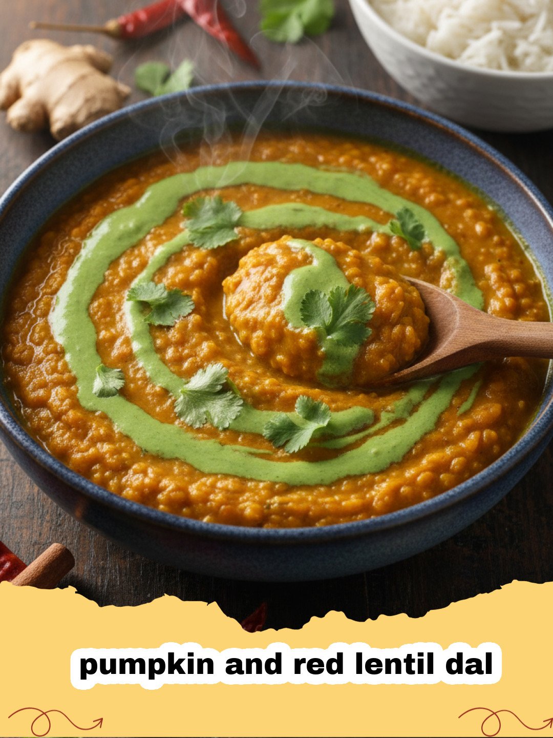 A steaming bowl of pumpkin and red lentil dal garnished with cilantro and lime