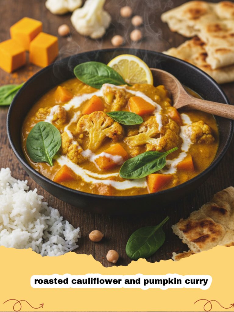 A steaming bowl of roasted cauliflower and pumpkin curry topped with cilantro and served with a side of rice.