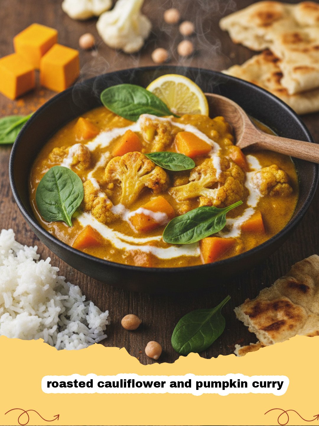 A steaming bowl of roasted cauliflower and pumpkin curry topped with cilantro and served with a side of rice.