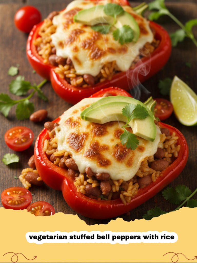 vegetarian stuffed bell peppers with rice - Vegetarian stuffed bell peppers with rice and melted cheese in a white baking dish
