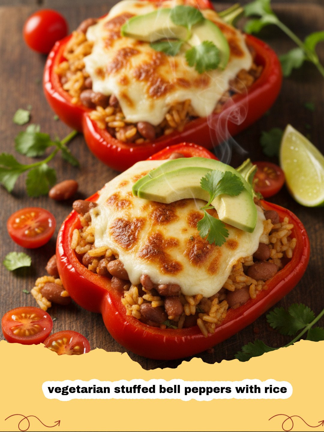 vegetarian stuffed bell peppers with rice - Vegetarian stuffed bell peppers with rice and melted cheese in a white baking dish