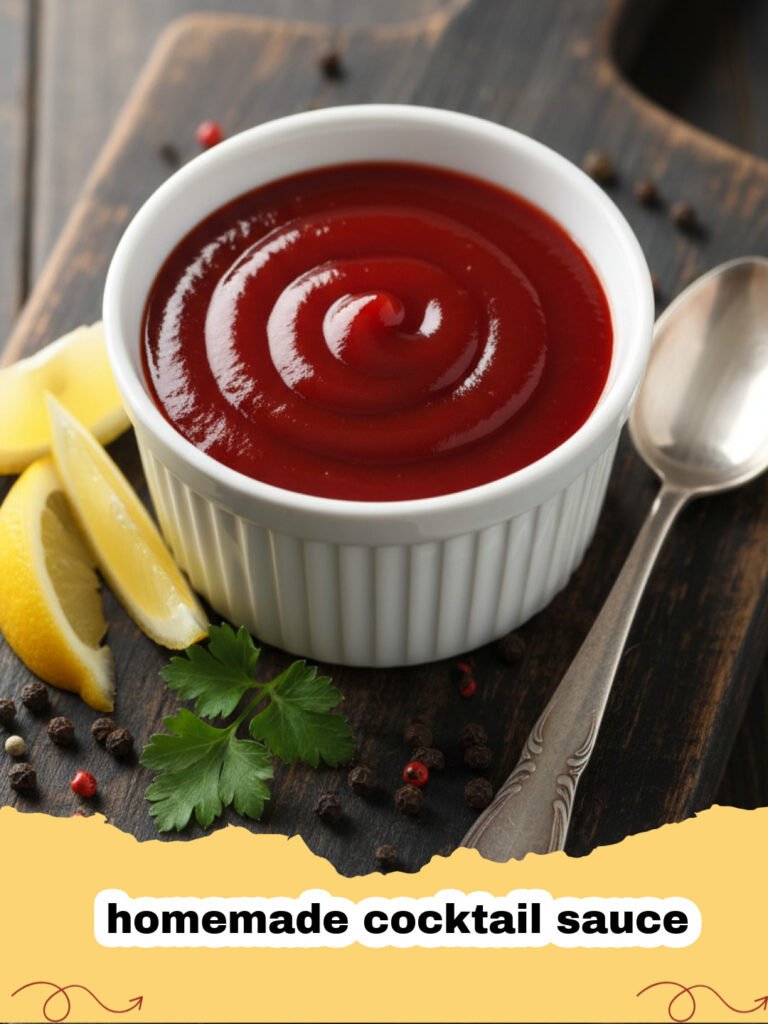 A glass bowl filled with vibrant red homemade cocktail sauce surrounded by chilled shrimp.