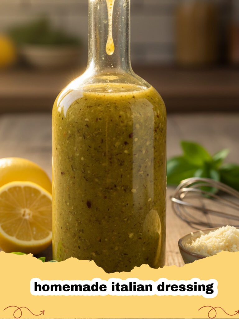 A glass jar filled with vibrant homemade italian dressing surrounded by fresh herbs and olive oil.