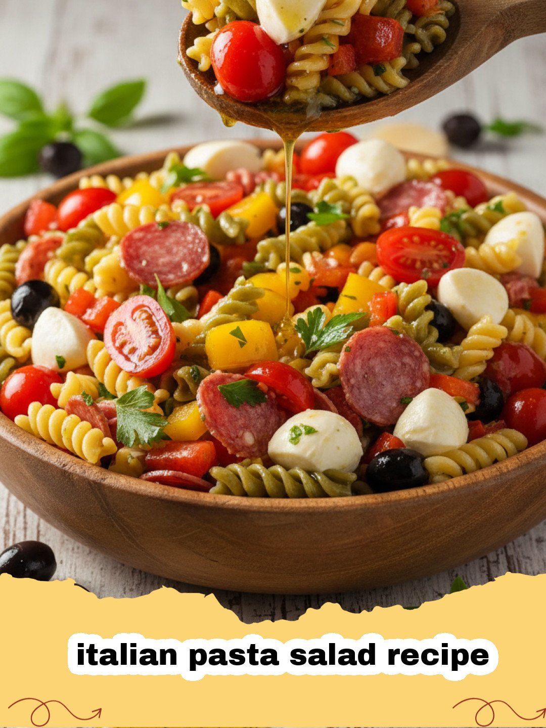 italian pasta salad recipe - A colorful bowl of Italian pasta salad with rotini, tomatoes, and mozzarella.